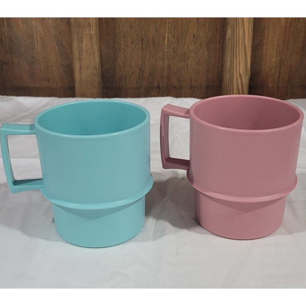 Tupperware Cups Set of 2 Pink Green Mugs Stackable Plastic 2021